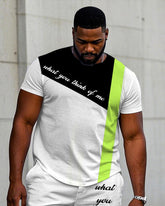Men's Plus Size Casual White & Fluorescent Green Colorblock Slogan Print Short Sleeve T-Shirt Shorts Suit